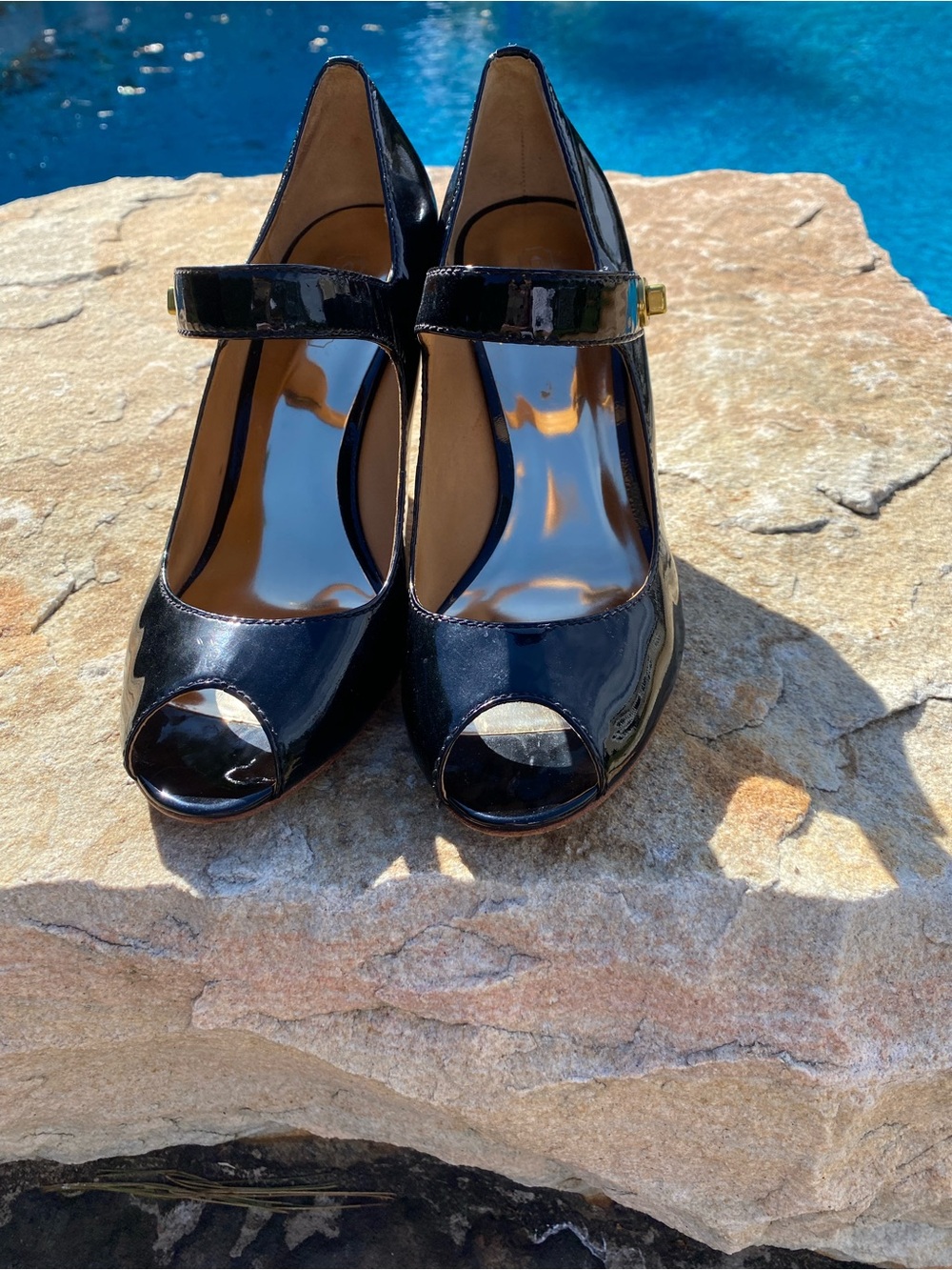 Women’s Coach Black Patent Peep-Toe Mary Jane Wedges- Classic Women's Dress Shoe